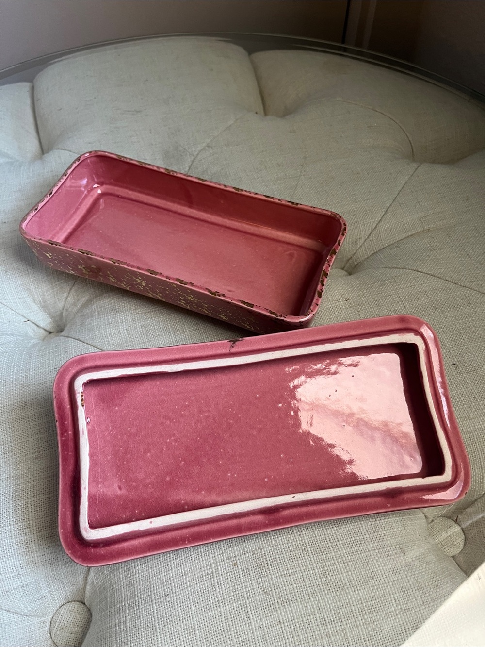 Vintage Hollywood Regency Pink Gold Metallic Handle Specs Jewelry Trinket Box - Picture 5 of 16